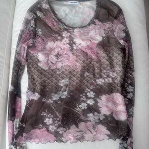 Gerry Weber Pink and Brown Floral Mesh Long Sleeve Top - Size 38